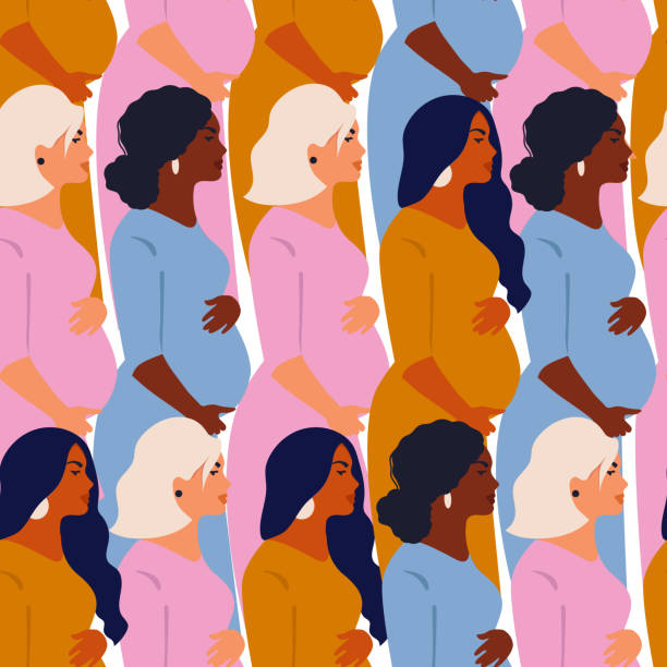 A pregnant woman holds her belly. Pattern with pregnant women. Motherhood pattern. Bright vector illustration. Pregnancy pattern. Variety of nationalities woman pregnant